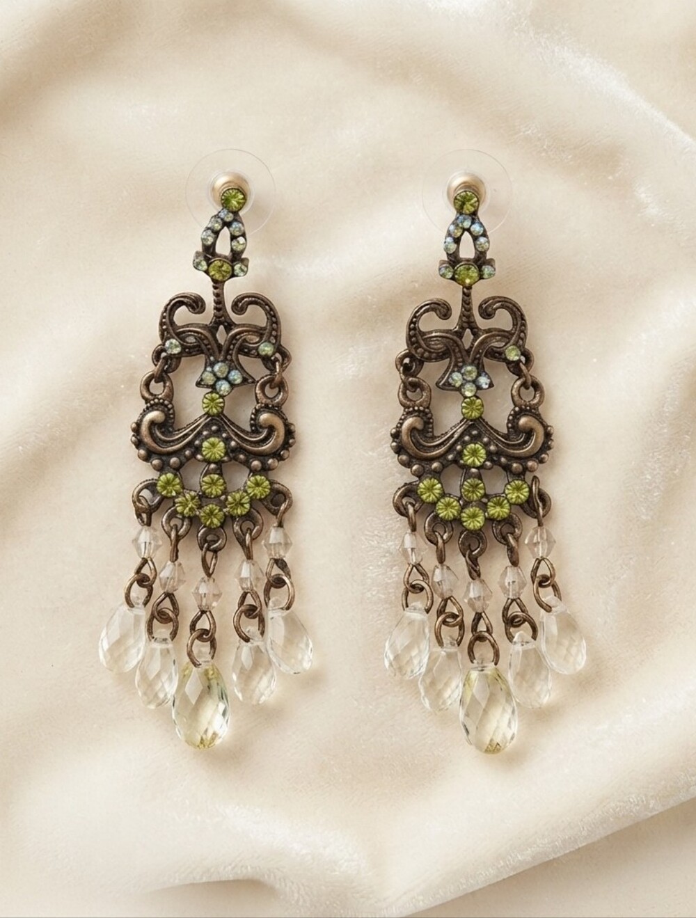 Vintage Antique Bronze Peridot Crystal Chandelier Earrings